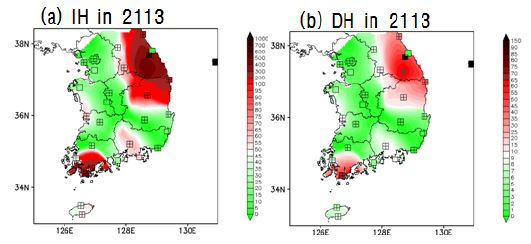 Fig. 3.3.11. Spatial distribution of (a) excess death rate by IH and (b) death rate by DH in 2113 (after 100 years). Stations marked as ‘+’ represent significant ascent at the 90% CL.