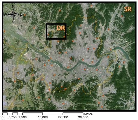 Fig. 3.3.12. Domain map of the Climate Analysis Seoul (CAS): Study Region (SR) and Detail Region (DR). Closed circle marks represent the locations of Automated Weather Stations (AWS) operated by KMA