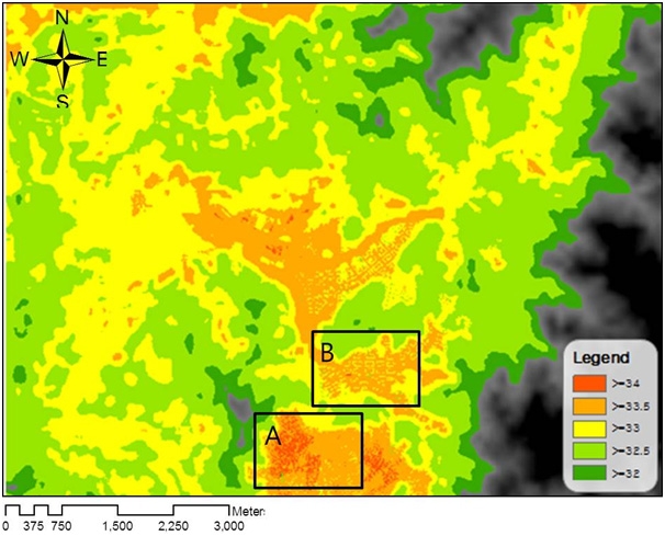 Fig. 3.3.13. Air temperature distribution (TD') derived from the regression model of dMaxT in the detailed region (DR), showing old (A) and new (B) town areas, when daily maximum temperature of 33℃ was recorded at the Seoul Weather Station