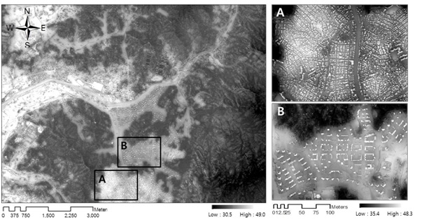 Fig. 3.3.15. Perceived temperature (PT) at a heat wave event of Aug. 5, 2012 12:00 KST. A and B regions represent the old and new town areas