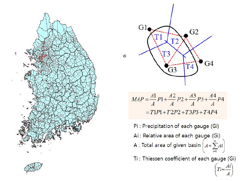 Example of Thiessen polygon(blue solid line) and computation of MAP