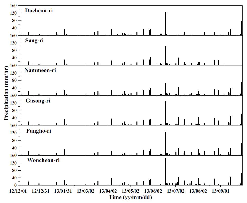 Time series of daily precipitation at each station during the analysis period