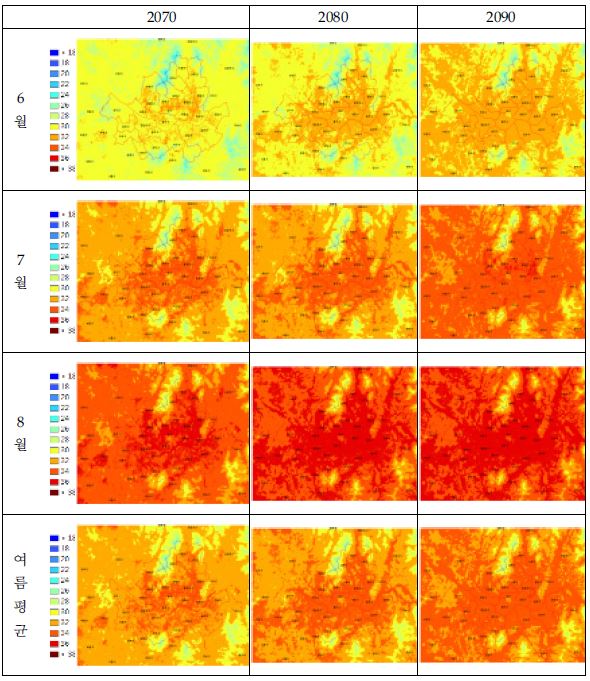 Fig. 3.3.4. Distribution map of daily max. temperature the 2070s, 2080s, 2090s.