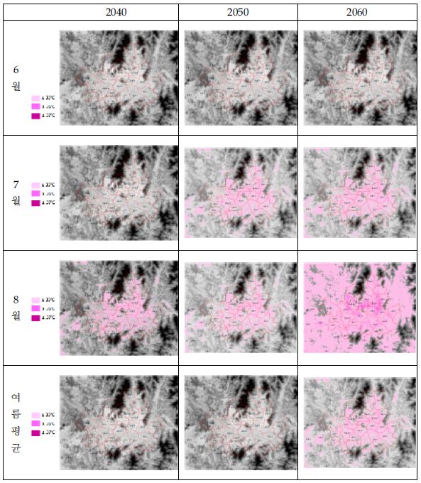 Fig. 3.3.5. Distribution map of total air temperature deviation derived from regression model of TD' in Seoul when the 2040s, 2050s, 2060s daily max. temperature of 33, 35, 37℃.