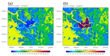 Fig. 3.4.2. The land use classification of (a) USGS and (b) USGS adding three urban types (31: low intensity residential, 32: high intensity residential, 33: industrial/commercial region) for WRF-UCM.