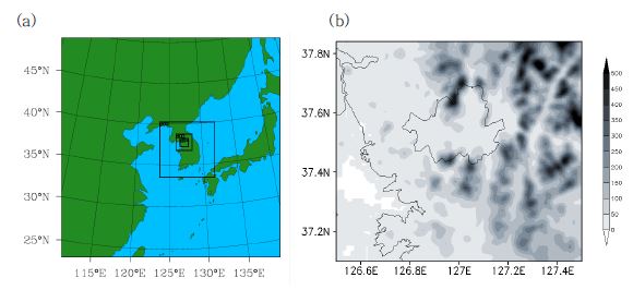 Fig. 3.4.3. (a) Configuration of nested model domains. (b) The finest domain. Topography is shaded with intervals of 50m