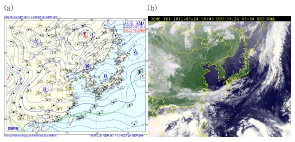 Fig. 3.3.4. (a) Surface weather chart and (b) satellite infrared radiation image at 0900 LST, 24 September 2011.