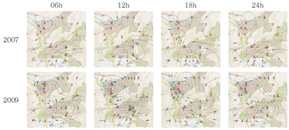 Fig. 4.1.4. Spatial distribution of hourly mean air temperature for each 6 hours in 2007 and 2009. The contour interval is 0.2℃.