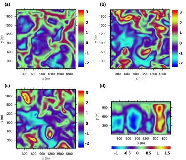 Fig. 2.2.7. Horizontal field of w component with height(z = (a): 100 m, (b) 500 m, (C) 750 m) and vertical field of w component(y = (d): 1000 m).