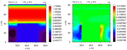 Fig. 2.2.10. Horizontal filed of u(left), w(right) component at y = 40 m.