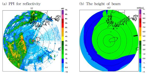 Fig. 2.1.14. The PPI for reflectivity and height of beam at 06 UTC, 26 April, 2011.