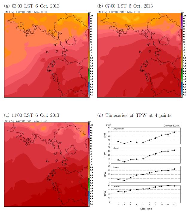 Fig. 2.2.6. The analysis field of TPW(total precipitation water) and the timeseries of TPW at 4 GNSS stations in Oct. 6, 2013.