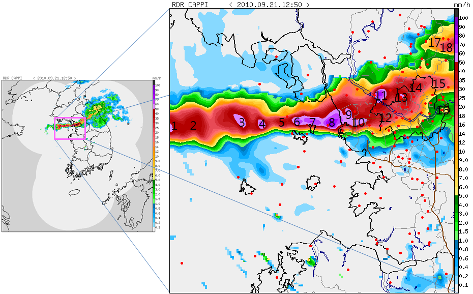 Fig. 3.1.1. The number of storm cells at 1.5 km CAPPI in September 21, 2010.