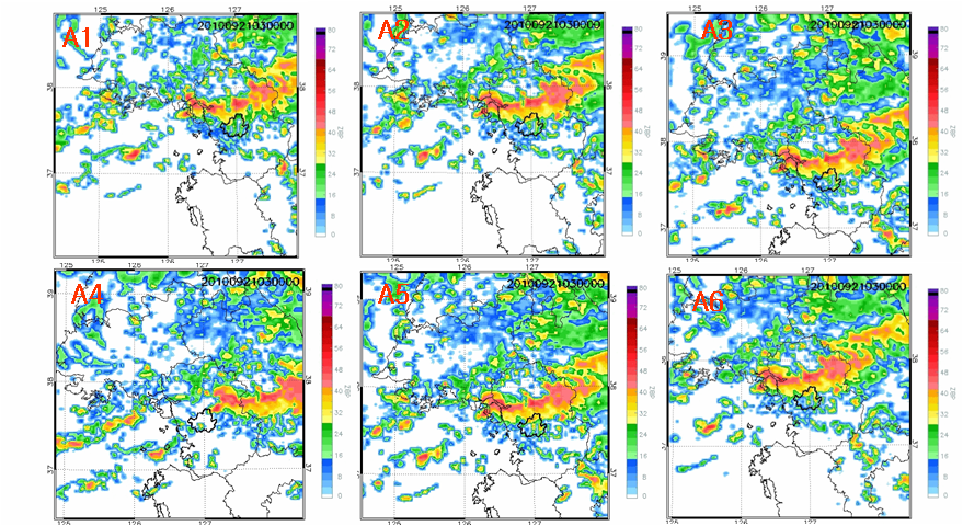 Fig. 3.1.5. Simulated radar reflectivities of ensemble members at 1.5km height.