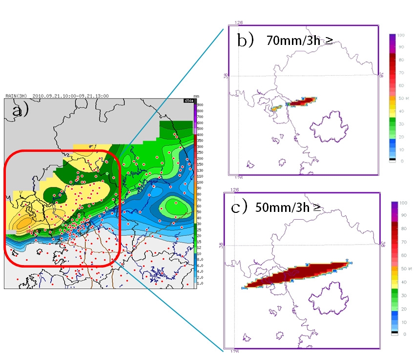 Fig. 3.1.6. a) the 3-hr accumulated rainfall amount of AWS observation, probability of accumulated 3-hr rainfall more than b) 70 mm and c) 50 mm