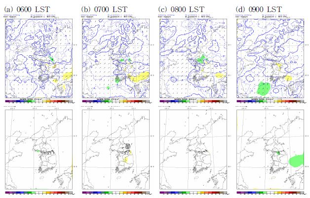 Fig. 3.2.3. Same as in Fig. 3.2.2 except for helicity(shading) and normalized helicity density(line) of 850 hPa(upper panel) and condensational heating(line) of 600 hPa(lower panel).