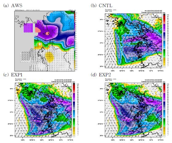 Fig. 3.2.8. The hourly accumulated precipitation of (a) AWS, model forecast of (b) CNTL and (c)(d) added VDRAS analysis wind at 0200 LST 6 July 2012