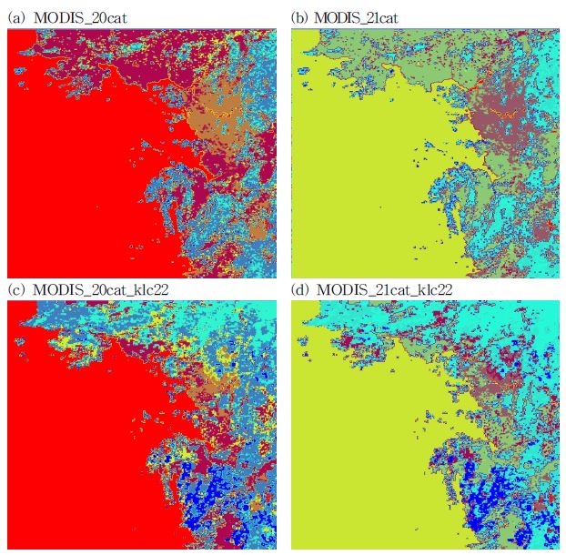 Fig. 3.2.11. Landuse type of (a) original 20 category and (b) added lakes to MODIS-based data, (c) original 20 category and (d) added lakes to MODIS-based data appending KLC(Korea Land Cover) by Kang et al