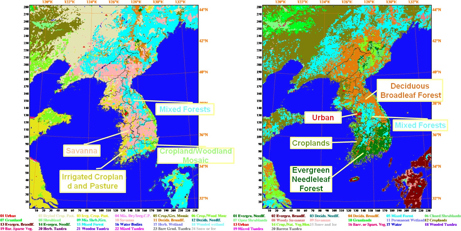 Fig. 2.1.1. The landuse category index of USGS data (left) and modified MODIS data (right) for the domain of KLAPS.