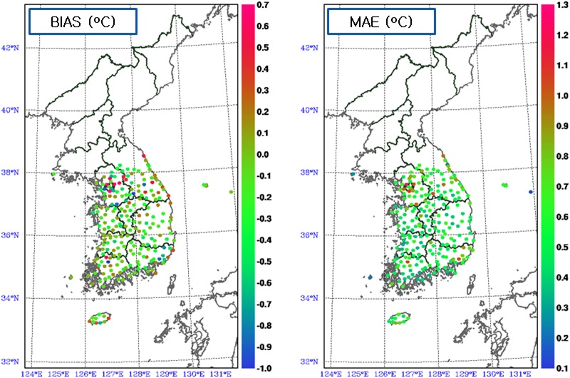 Fig. 2.1.3. The bias (left) and the mean absolute error (right) of KLAPS analysis from observation data for surface temperature.