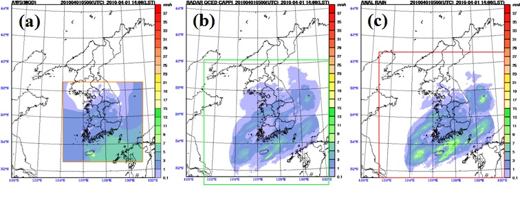 Fig. 2.1.6. The hourly accumulated precipitation of (a) objective analysis of AWS data, (b) estimated from radar reflectivity and (c) composite data for 14LST 1 April 2010.