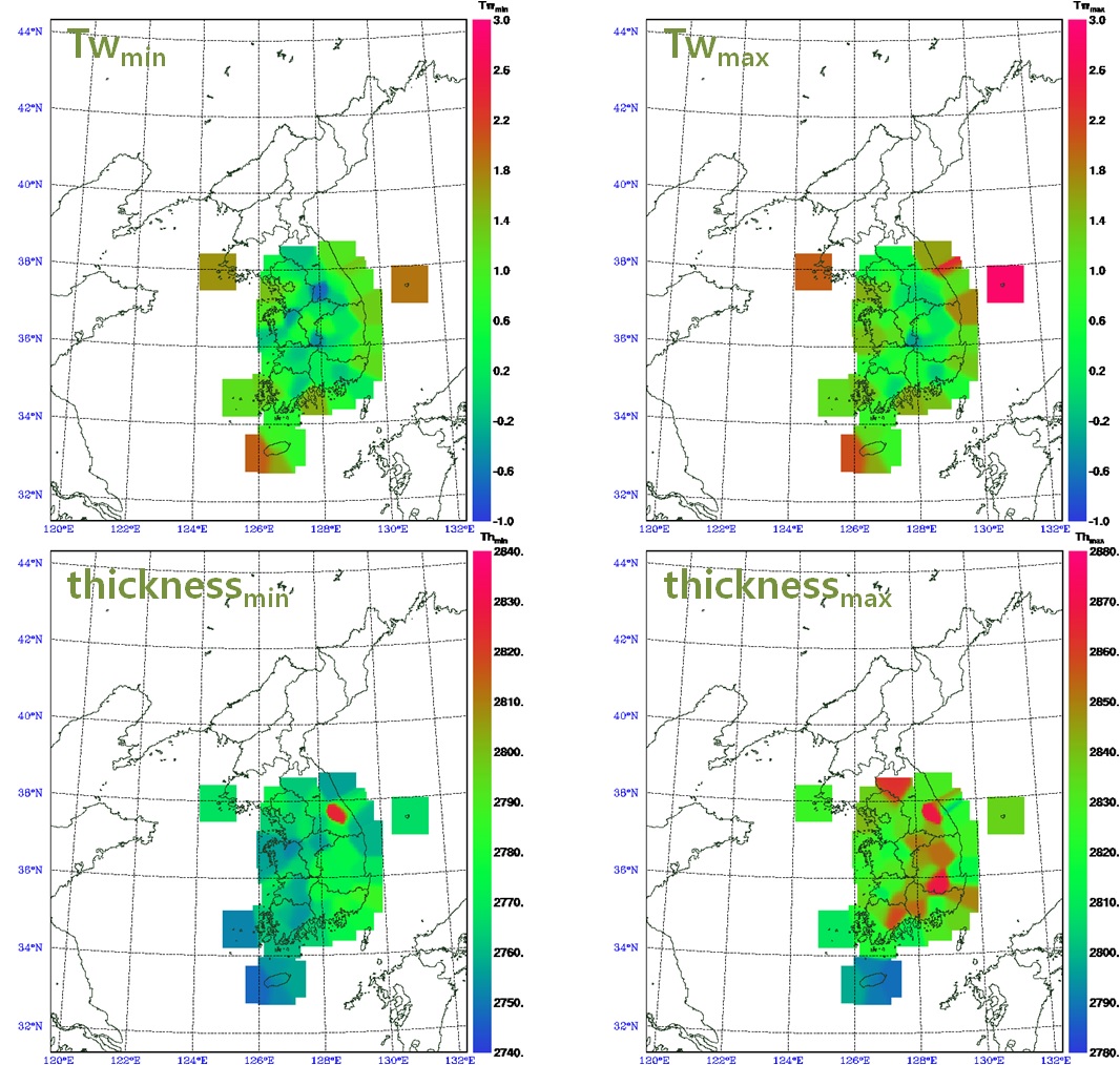 Fig. 2.1.9. The distribution of minimum value (left) and maximum value (right) for surface wet-bulb temperature and thickness between 1000 hPa and 700 hPa.