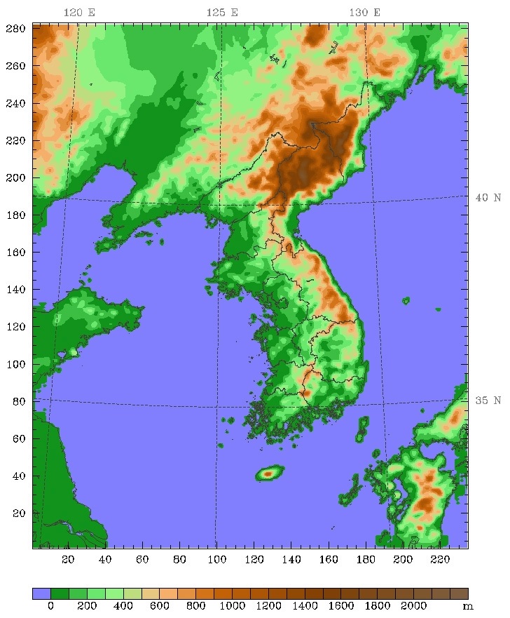 Fig. 2.2.1. The KLAPS reanalysis domain. Terrain elevation (m) is indicated by the color scale.