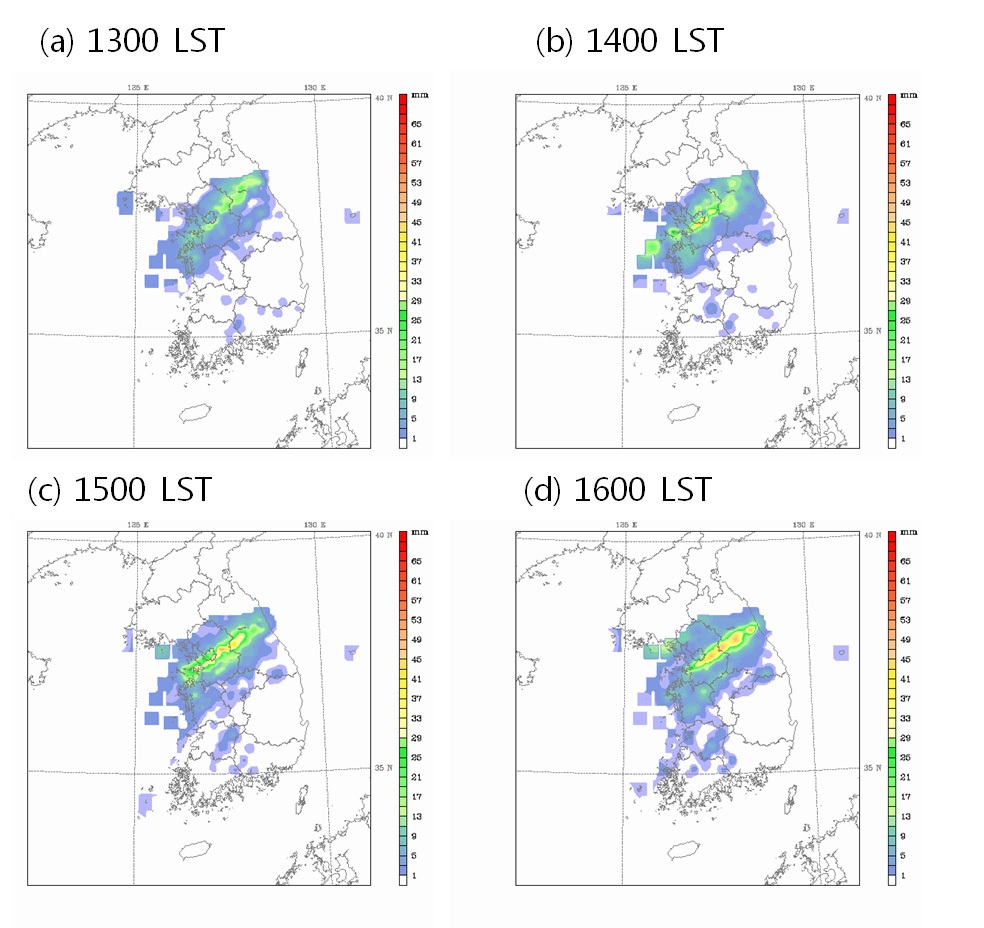 Fig. 2.2.4. Accumulated precipitation (mm/1hr) from 1300 LST to 1600 LST 14 July 2009.