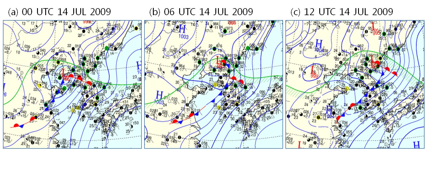 Fig. 2.2.5. Surface weather chart from 0000 UTC to 1200 UTC 14 July 2009.