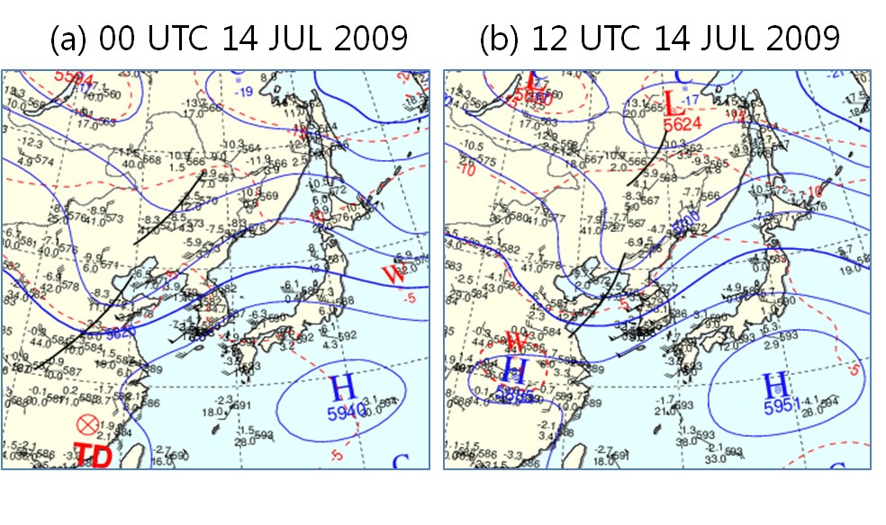 Fig. 2.2.6. Synoptic weather chart of the 500 hPa pressure level at 0000 UTC and 1200 UTC 14 July 2009.