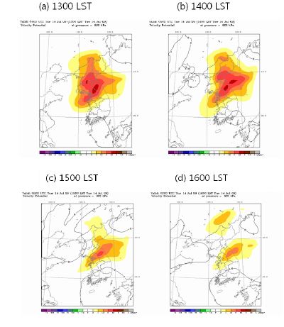 Fig. 2.2.7. Velocity potential of the 800 hPa pressure level at 1300, 1400, 1500, and 1600 LST 14 July 2009.