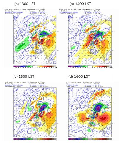 Fig. 2.2.10. Helicity (shaded), helicity density (contour) and horizontal wind (vector) of the 850 hPa pressure level at 1300, 1400, 1500, and 1600 LST 14 July 2009.