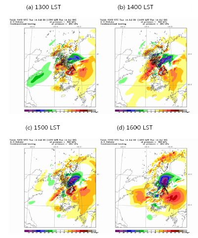 Fig. 2.2.12. Helicity (shaded) and condensation heat (contour) of the 850 hPa pressure level at 1300, 1400, 1500, and 1600 LST 14 July 2009.