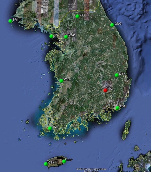 Fig. 3.1.1. The location of radar sites for KMA radar network (green dot) and Bislsan (red dot).