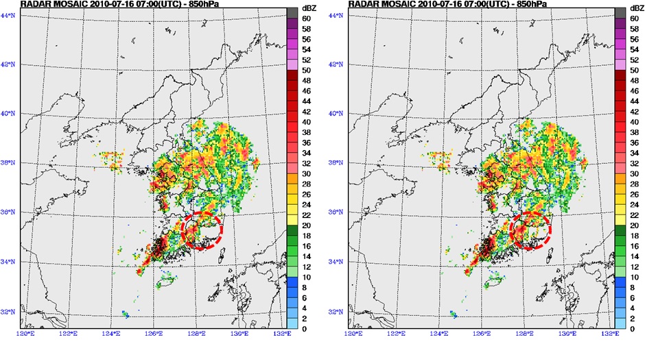 Fig. 3.1.2. The radar reflectivity for KMA radar network data (left) and composite data of KMA radar network data and Bislsan data (right) at 07 UTC 16 July 2010.