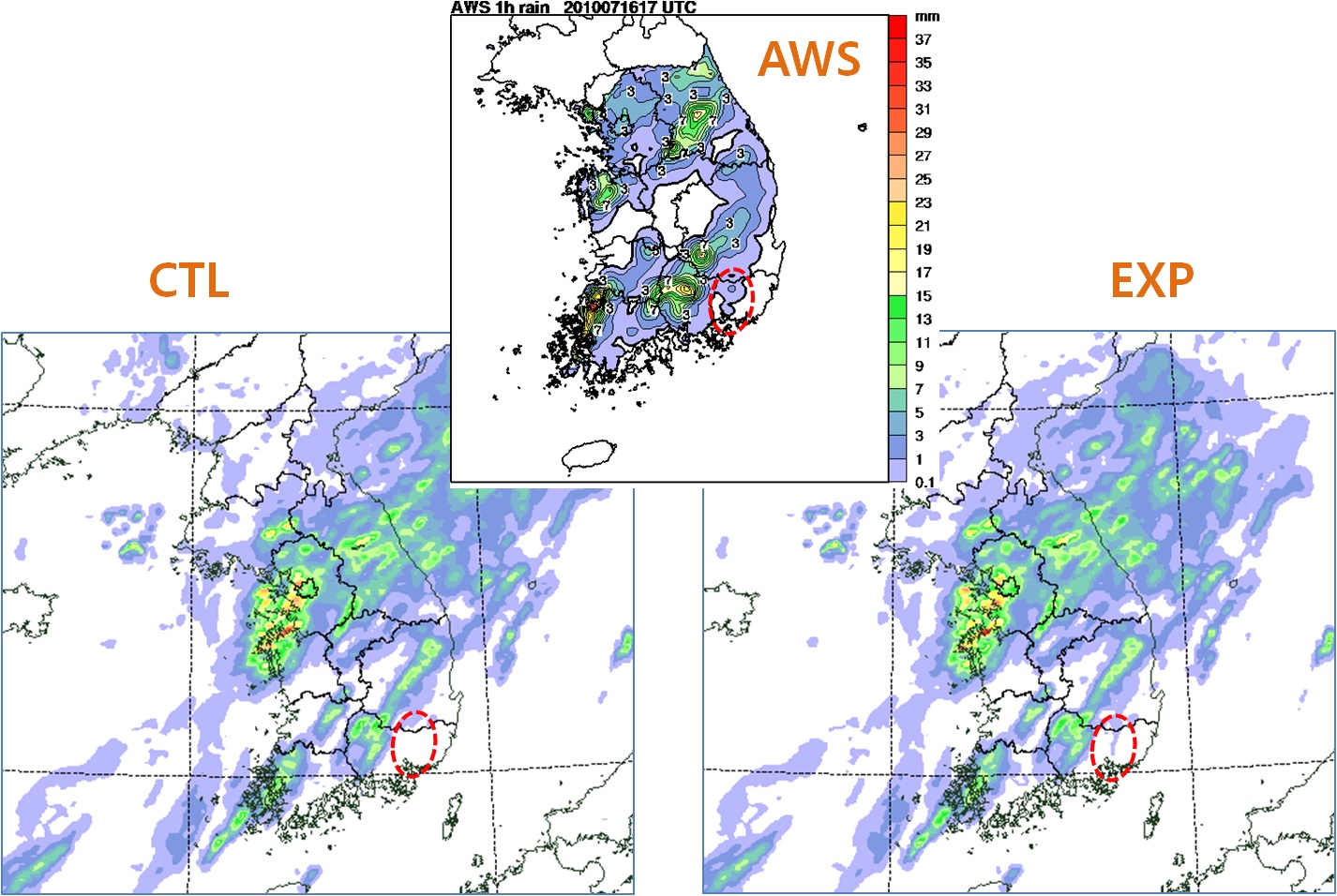 Fig. 3.1.3. The comparison of hourly accumulated precipitation for control experiment (left) and best experiment (right).