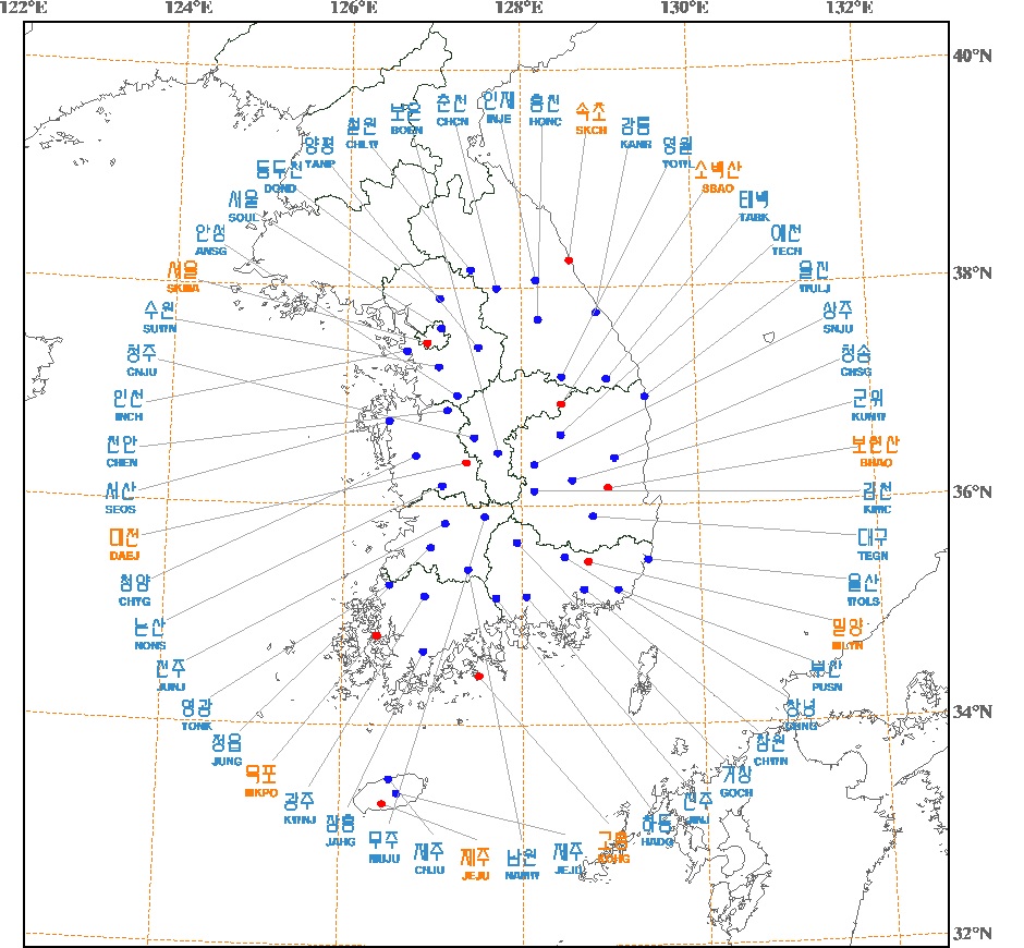 Fig. 3.1.4. The location of GPS observation sites by National Geographic Information Institute (blue dot) and Korea Astronomy and Space Science Institute (orange dot).