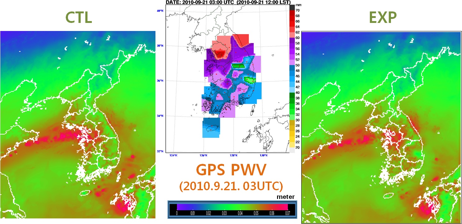 Fig. 3.1.7. Comparison of precipitable water vapor data from CTL (left), EXP (right) and objective analysis of observation (middle).