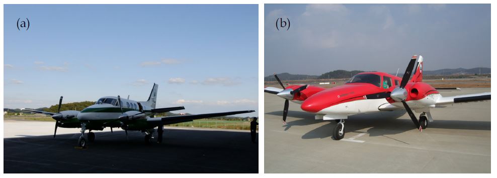 Fig. 3.2.2. Employed aircraft for greenhouse gases measurements: (a) Kingair and (b) Seneca.