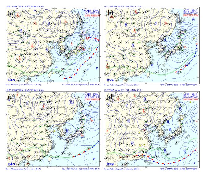 Fig. 3.2.5. Weather maps on 1200 UTC 25～28 May 2010 (produced by the Korea Meteorological Administration): (a)-(d) represent on 25～28 May 2010, respectively.