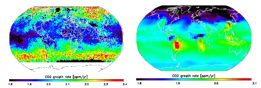 Fig. 3.3.10. Global distribution of CO2 growth rate from AIRS retrievals (left) and Carbon Tracker (right) for the period of 2003-2008.