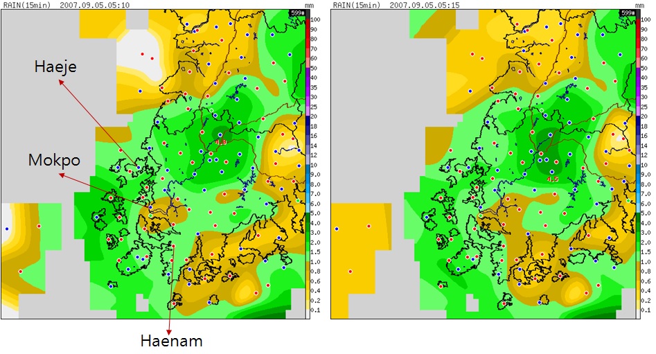 Fig. 4.2.1. 15 minutes accumulated rainfall from AWS data on 2010 UTC (left) and 2015 UTC (right) 4 September 2007.