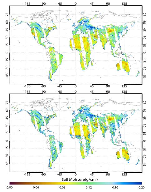 Fig. 4.3.4. Soil moisture distributions (a) before correcting the vegetation-attenuation, after correcting the vegetation-attenuation on 1 July 2002.