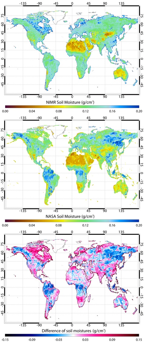 Fig. 4.3.5. Annual mean soil moisture of (a) NASA, (b) NIMR and (c) Difference between NASA and NIMR for the period of July 2002 to June 2003.