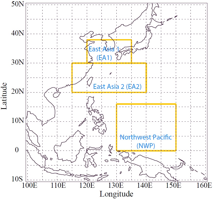 Fig. 4.5.3. Map of three selected regions used in this study including: the east Asia 1 (EA1), east Asia 2 (EA2) and northwest Pacific (NWP).