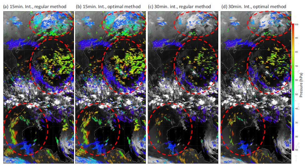 Fig. 2.1.2. IR AMVs (QI≥0.5) for 0000 UTC 1st February 2010. The time intervals between satellite images are 15 minutes (a, b) and 30 minutes (c, d), respectively. The locations of targets are decided by regular method (a, c) and optimal method (b, d). The color of AMV indicates the individual vector’s height.