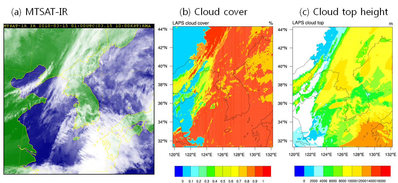 (a) MTSAT IR, (b) cloud cover and (c) cloud top height at 01UTC 15 March 2010.