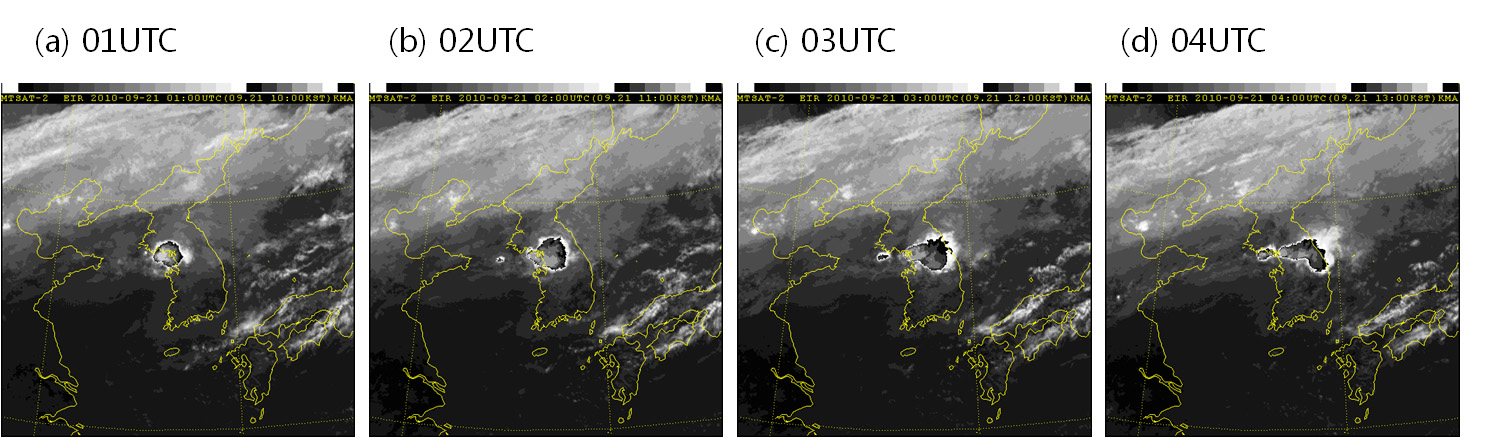 MTSAT Enhanced IR image of MTSAT at (a) 01UTC, (b) 02UTC, (c) 03UTC and (d) 04UTC 21 September 2010.