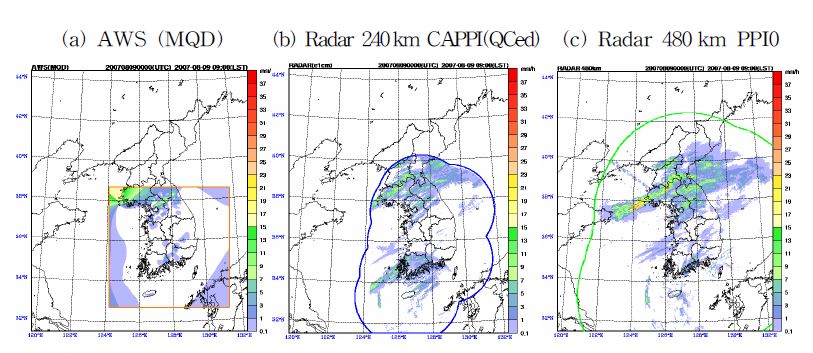 The hourly accumulated precipitation of (a) objective analysis of AWS data, (b) estimated from radar reflectivity(radar 240km QCed CAPPI), and (c) radar 480 km PPI0 for 00 UTC 9 August 2007.