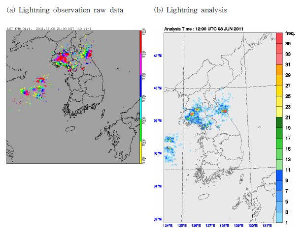 (a) Distribution of lightning observation and (b) accumulated lightning frequency data for the very short-range Digital Forecast at 12 UTC on 8 June 2011.